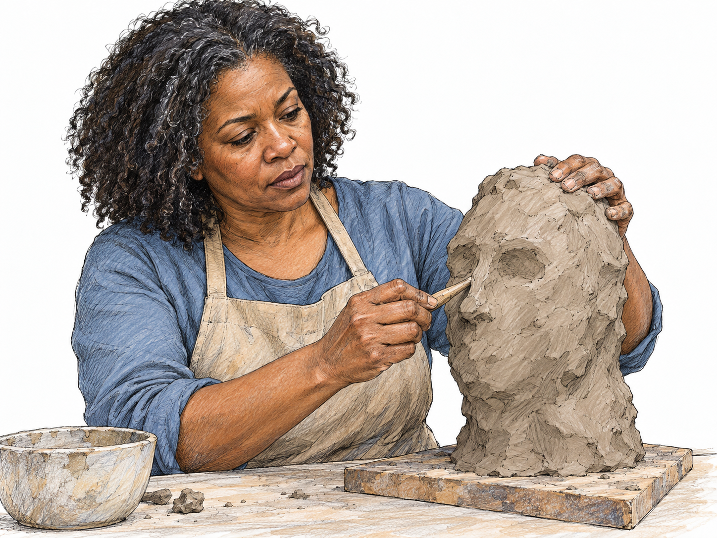 A sculptor begins shaping a clay head: most of the clay remains a rough lump, with only the first shallow eye sockets and a rudimentary nose emerging.