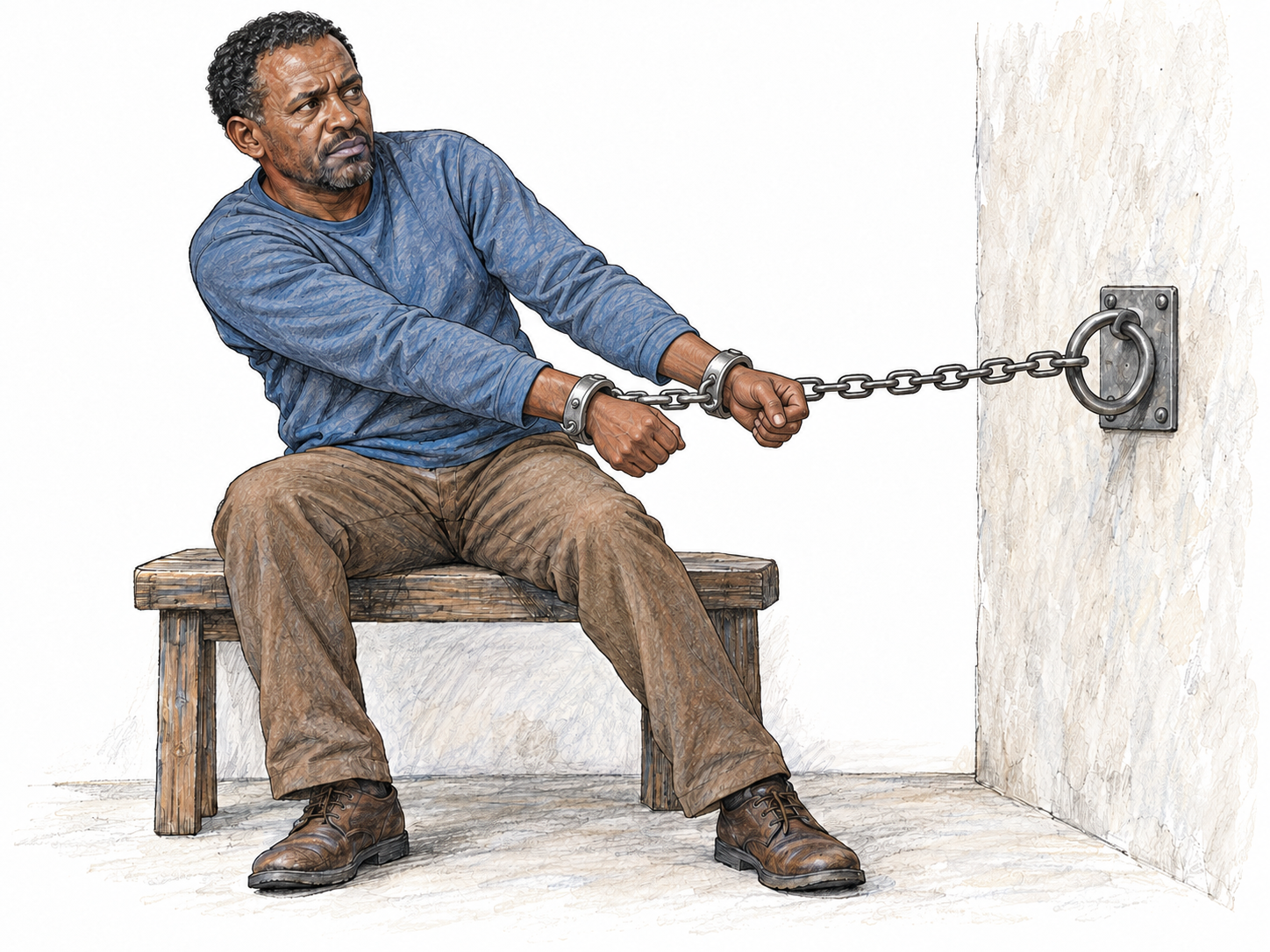 A fully clothed captive sits beside a wall anchor, both wrists enclosed in metal shackles connected by a short chain to the anchor.