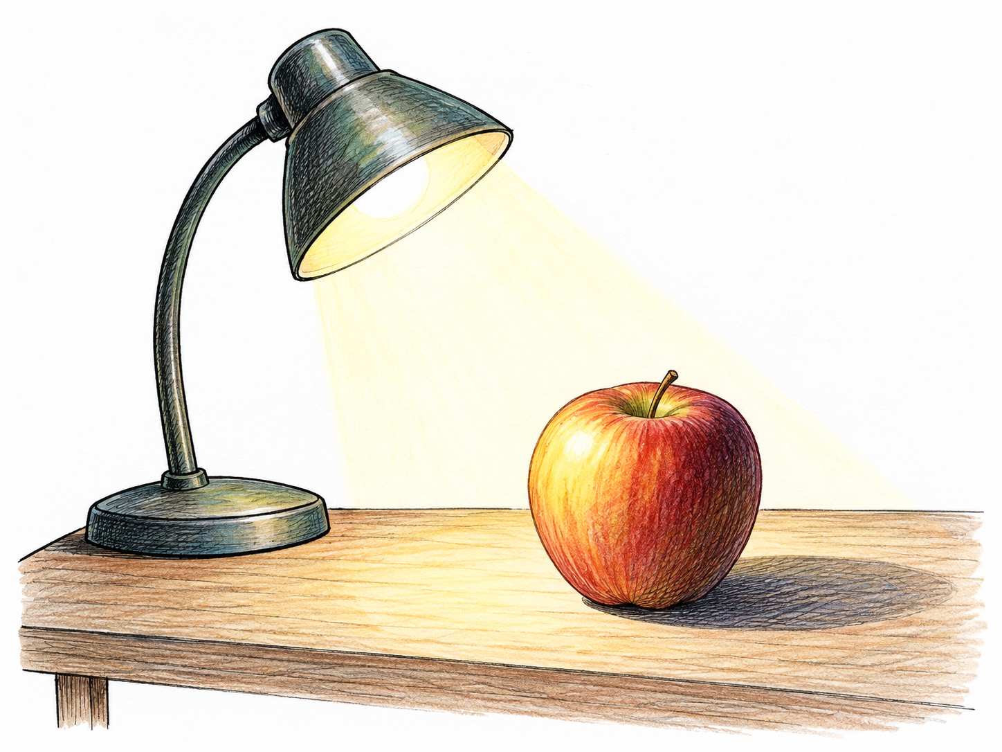 Simple desk lamp casts a clear cone of illumination onto plain apple on tabletop, lit side golden and opposite side hatched shadow, brightness makes object visible.