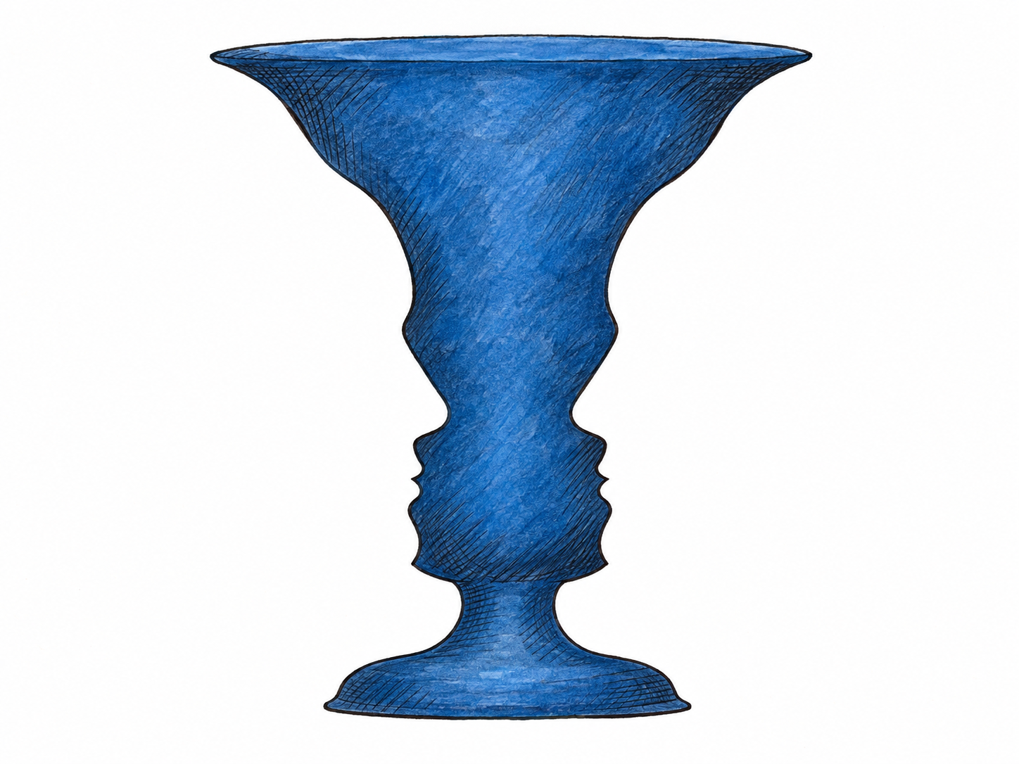A single reversible figure can be read as either a blue ornamental vase or two white human profiles facing each other.
