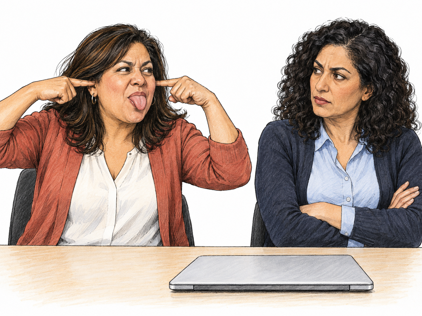 A grown woman behaves childishly at a worktable, sticking out her tongue and making a fingers-in-ears taunting face toward a visibly unimpressed colleague.