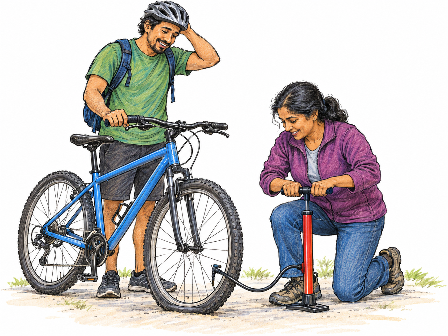 A person with a flat bicycle tire receives practical help: another person kneels and pumps air into the tire using a floor pump, the hose visibly connected to the tire valve.