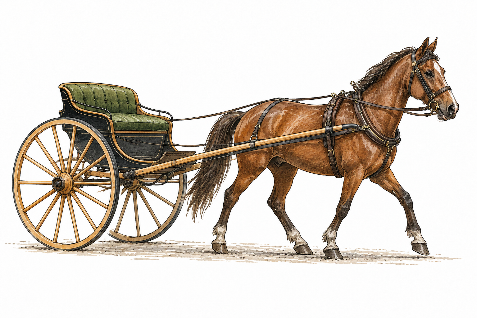 A lightweight two-wheeled horse-drawn carriage with one horse and one bench, accurate two-wheel structure.
