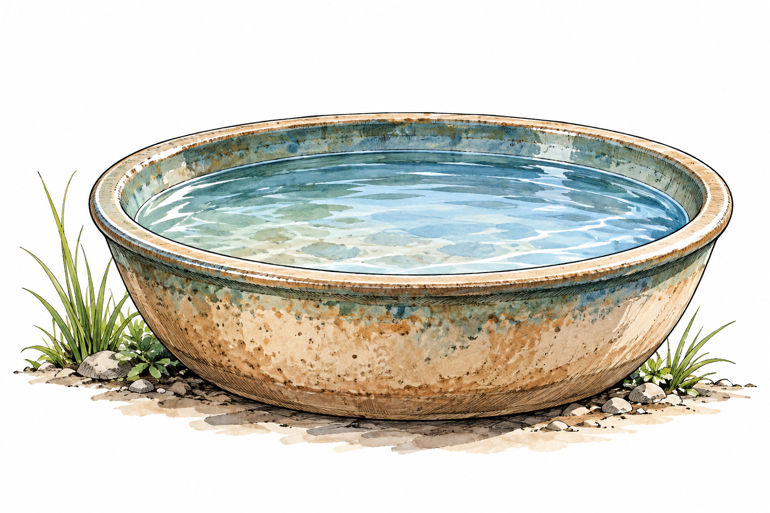 A broad ceramic basin holding clear water, wide open bowl with rim, no tap or text.