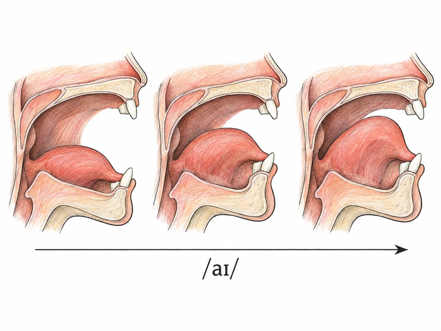 A compact three-stage articulation sequence shows one vowel gliding from an open low tongue-body position through an intermediate position to a high-front position.