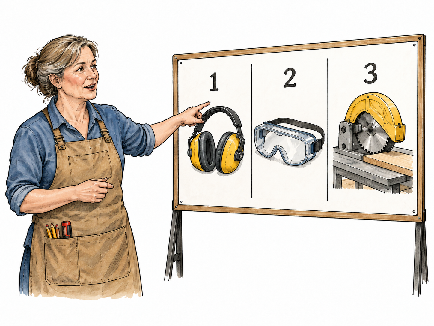 A workshop instructor points to a simple three-step safety diagram showing gloves, goggles and a guarded tool, numbered 1 2 3 only, directing how a task must be done.