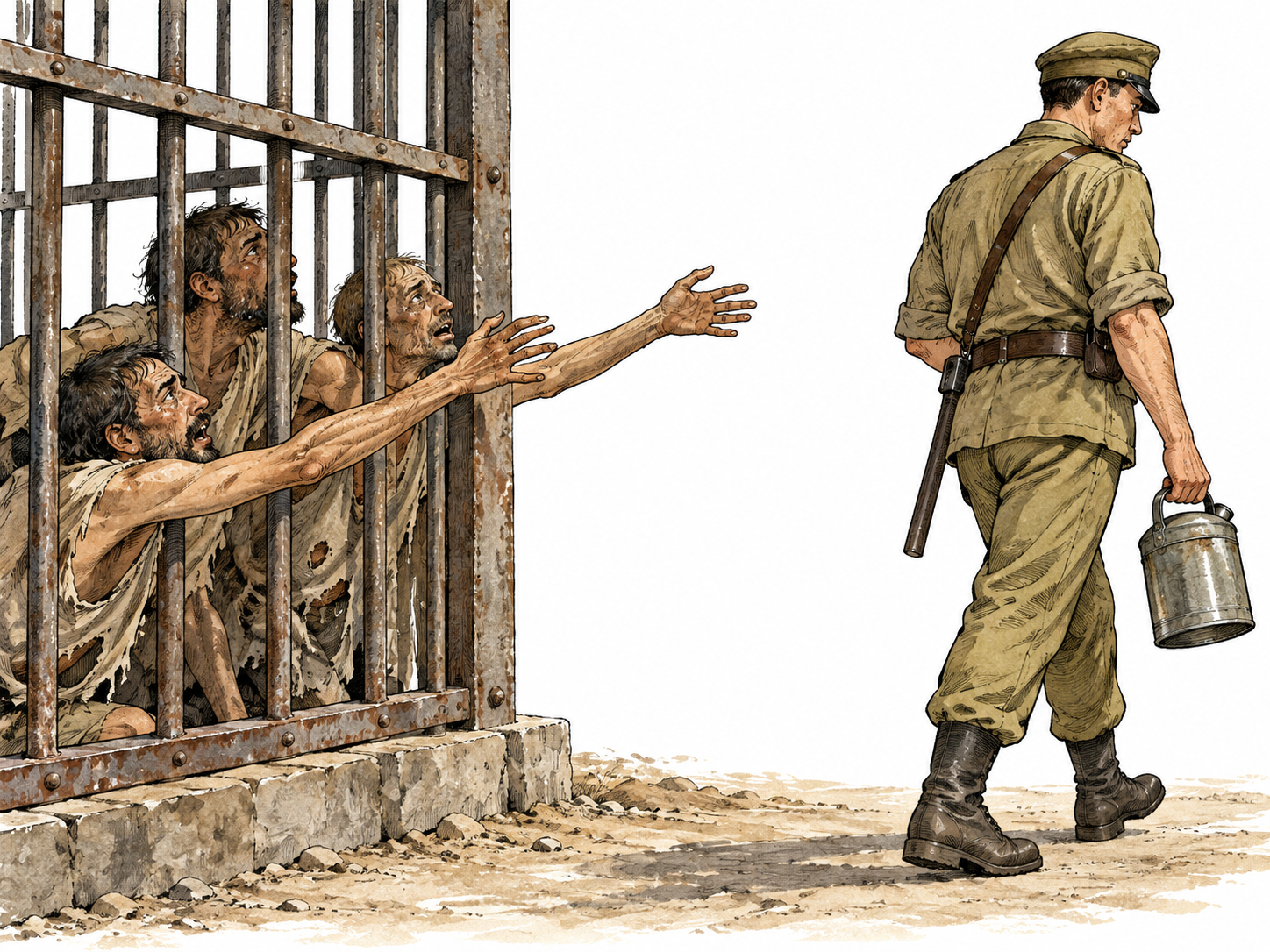 Guard turns away thirsty prisoners requesting water, non-graphic depiction of cruelty.
