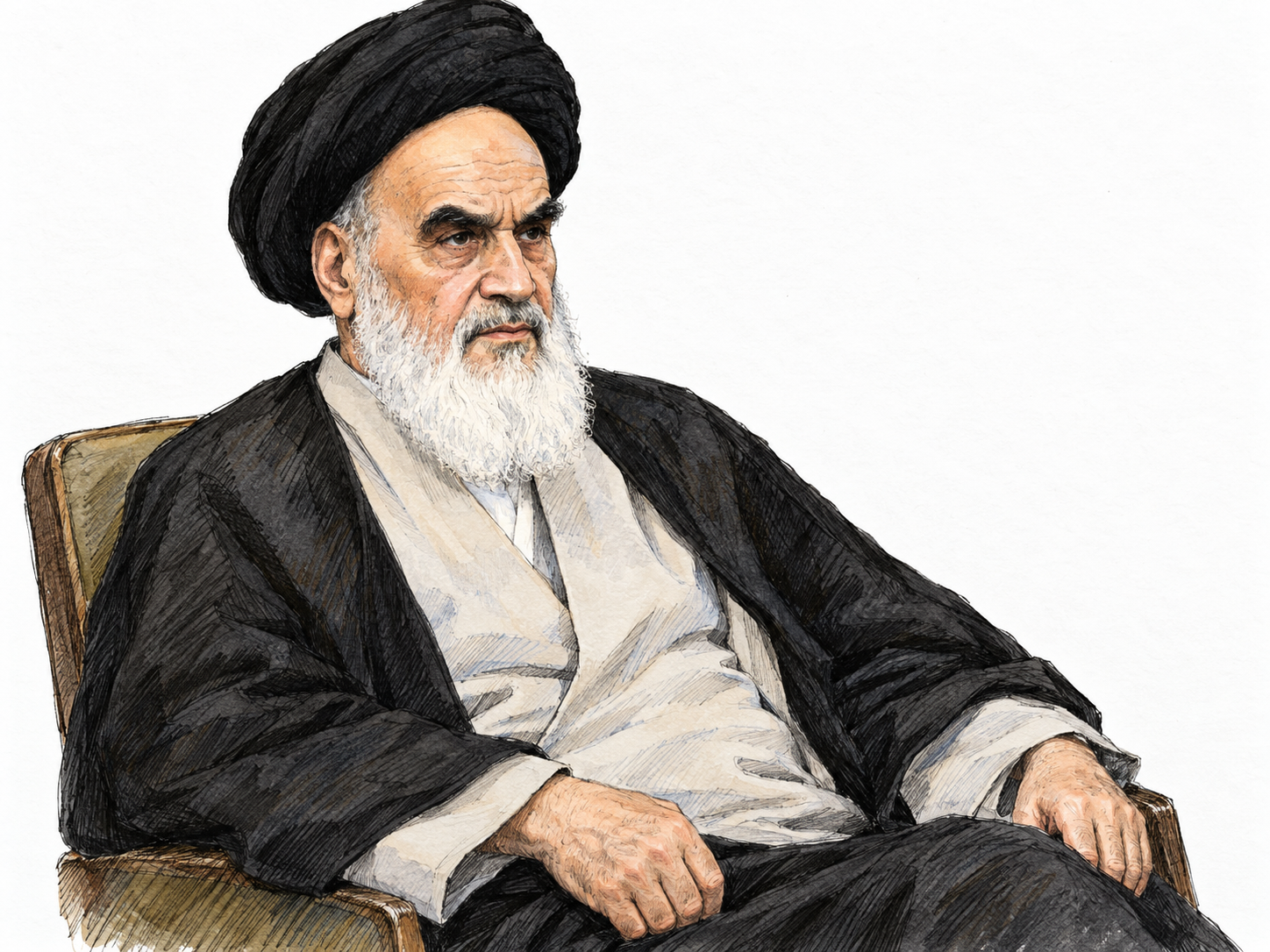 A restrained, recognizable portrait of Ayatollah Ruhollah Khomeini in his clerical clothing, using a documented holder of the title rather than implying that clothing alone establishes religious rank.