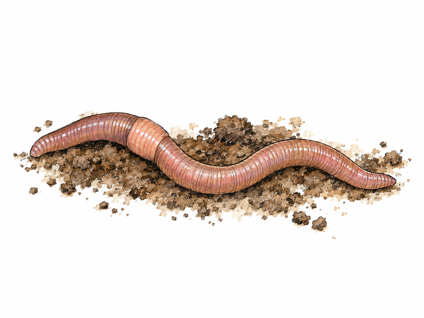 A single recognizable earthworm stretched in a gentle curve on a small patch of loose garden soil, clearly showing its soft, narrow, segmented body and complete lack of limbs.