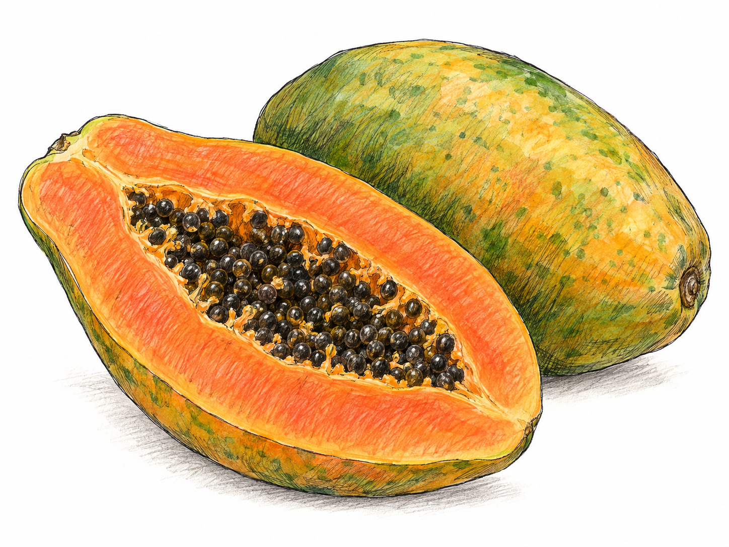 A ripe papaya cut lengthwise, with one half facing upward to reveal orange flesh and a central cavity filled with glossy black seeds, beside one whole papaya.