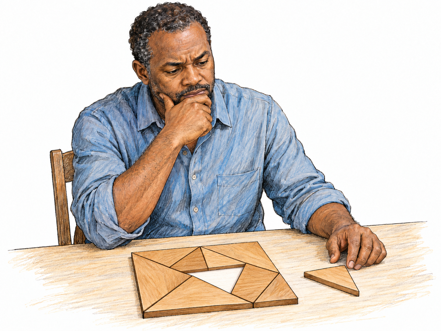 A man pauses over an unfinished wooden tangram, chin resting on one hand while he studies a loose triangular piece and the matching gap in the arrangement.
