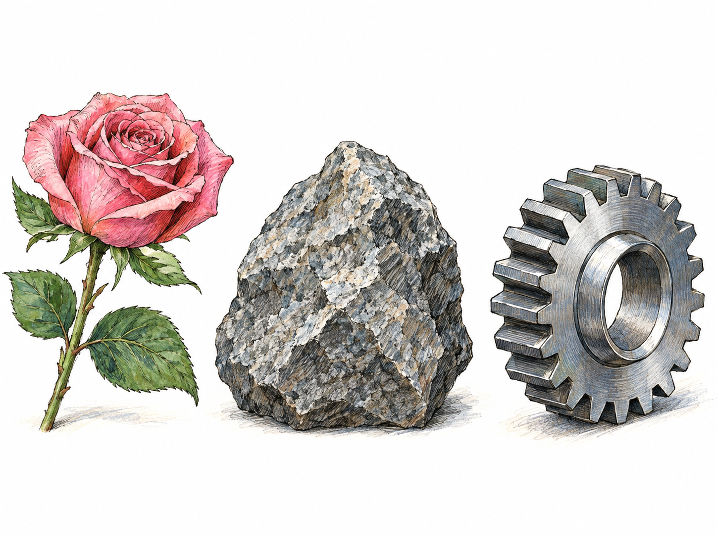 An equally weighted juxtaposition of three fundamentally unlike objects: a delicate pink rose, a heavy angular granite rock, and a precise metal gear.