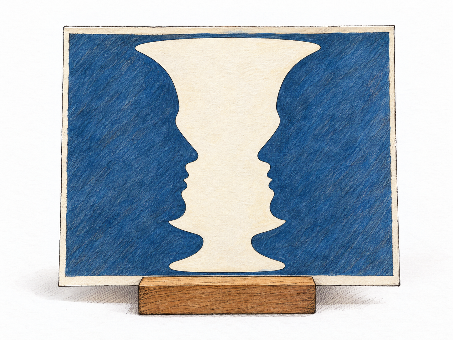 A single freestanding optical-illusion card whose shared contours can be read equally as a central vase or two faces in profile looking toward each other.