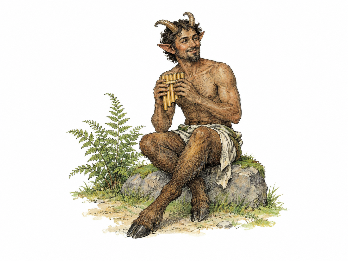 A single friendly mythological faun with human upper body, small horns and clearly goatlike furred lower legs and cloven hooves, holding a reed pipe beside one fern; no additional animals.