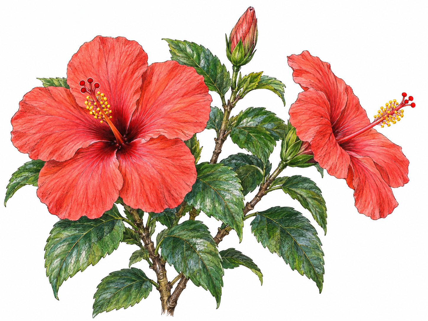 A living hibiscus shrub with large coral-red flowers, prominent projecting staminal columns, glossy toothed leaves, and an unopened bud.