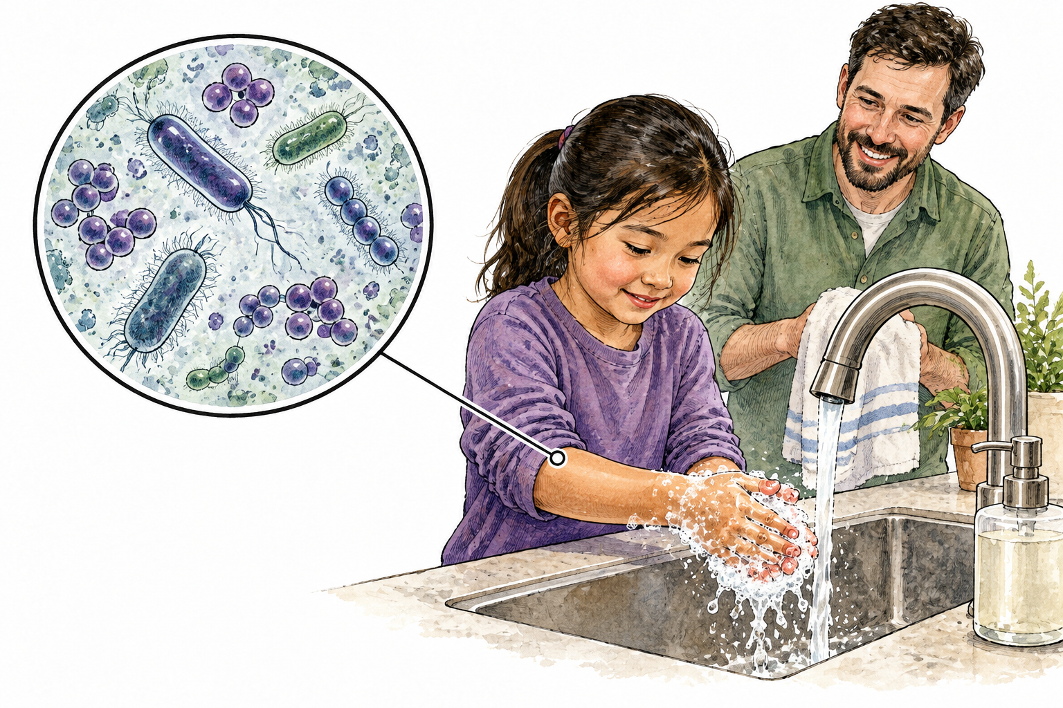 A microscope inset shows small bacteria beside a handwashing scene, disease-causing microorganisms without cartoon monsters.