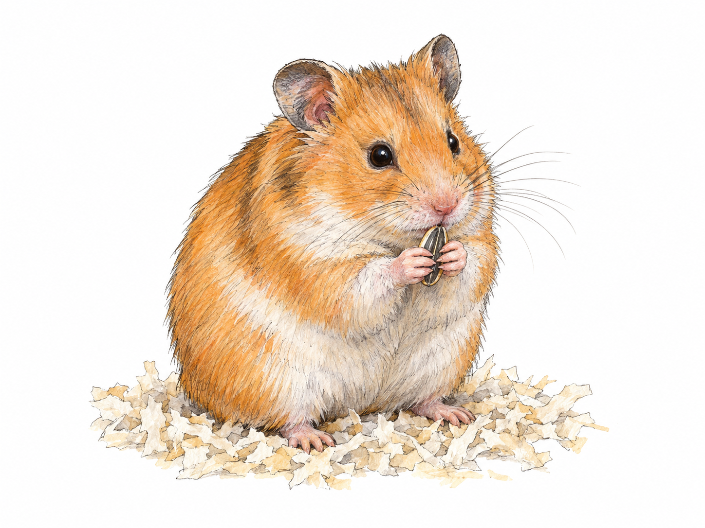 A single golden hamster sitting on a small patch of clean paper bedding, holding a seed between its front paws, with rounded ears, whiskers, and soft golden-and-white fur clearly visible.