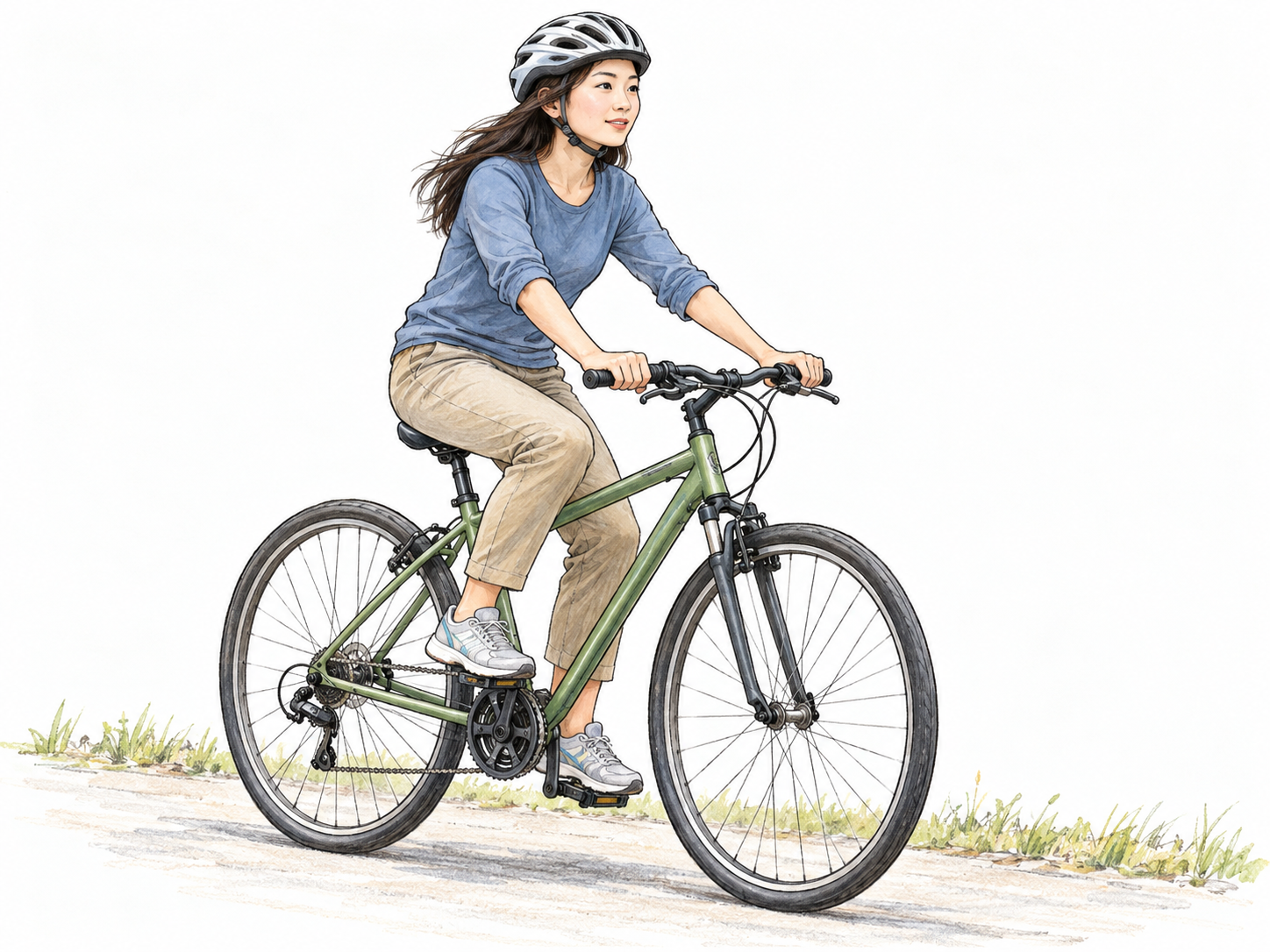 A young woman rides a bicycle along a short stretch of path, visibly seated with her feet on the pedals and hands on the handlebars.