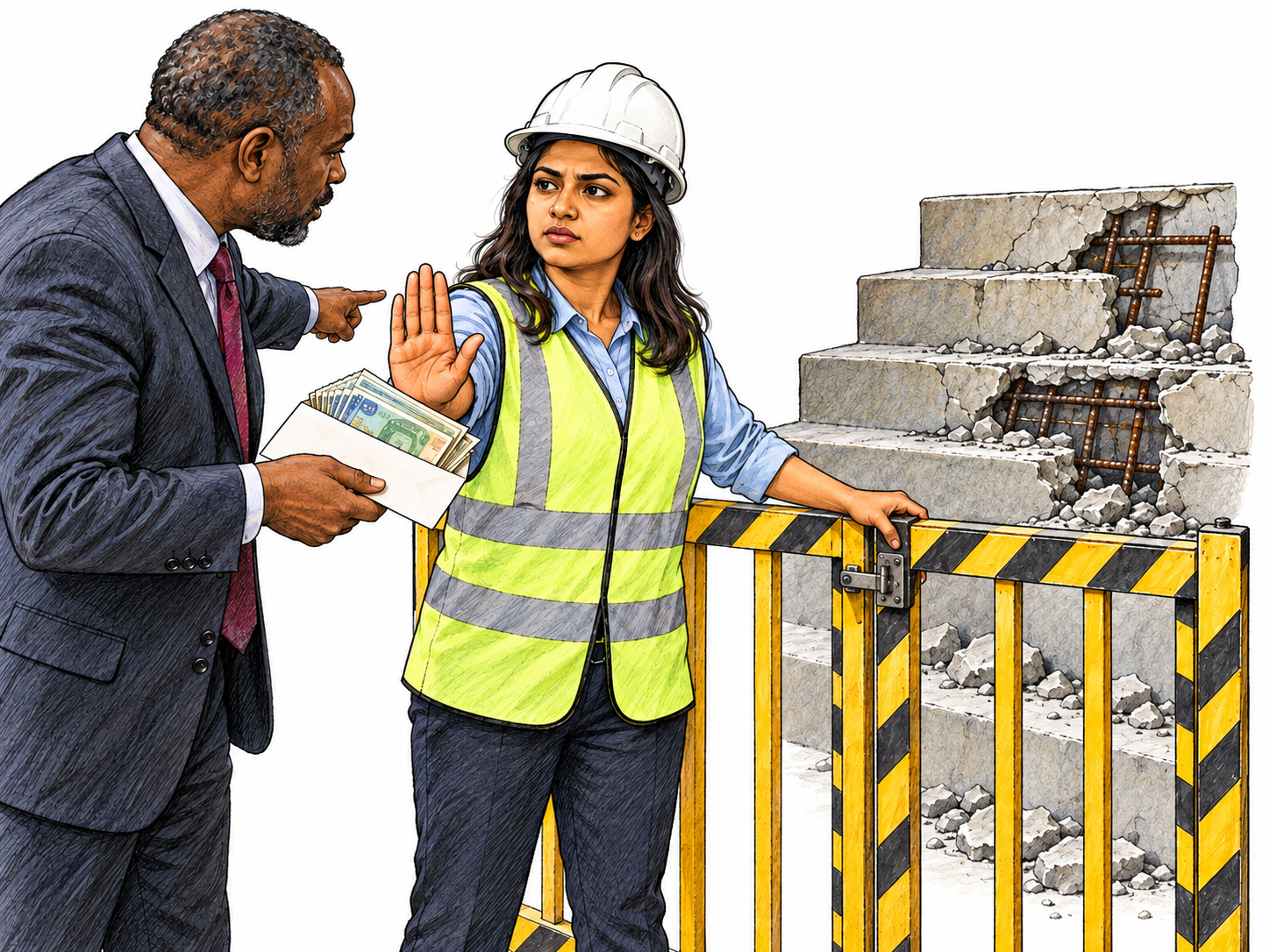 A safety inspector refuses an attempted bribe to open a visibly dangerous staircase.