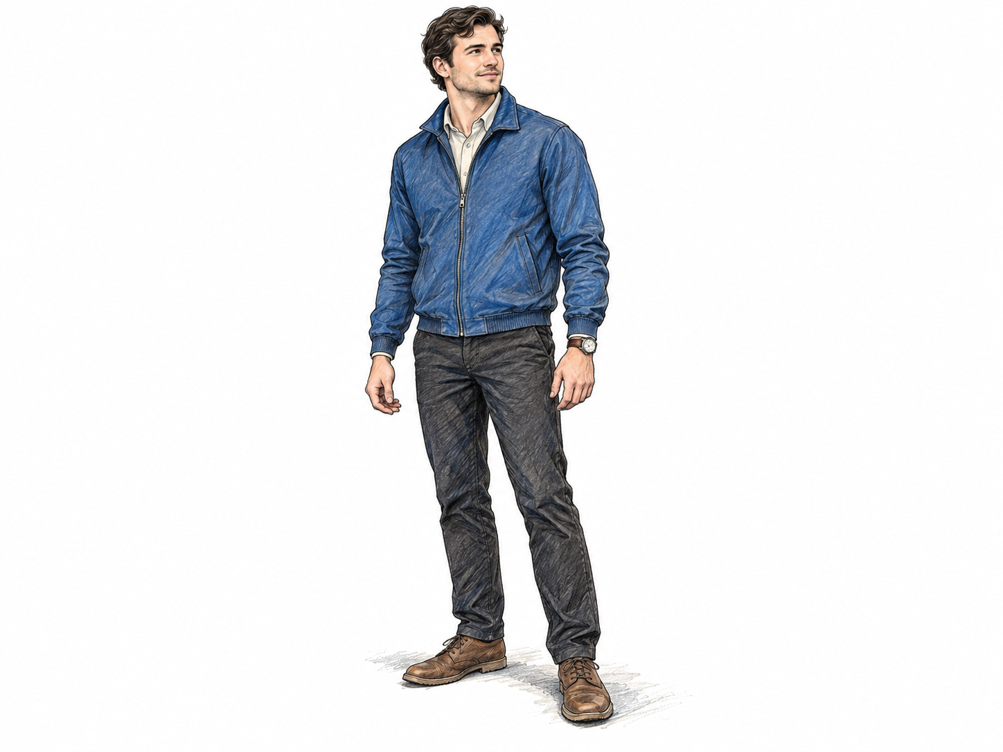 A young adult man stands comfortably with a zipped blue jacket, trousers, shoes, and a wristwatch already on his body.