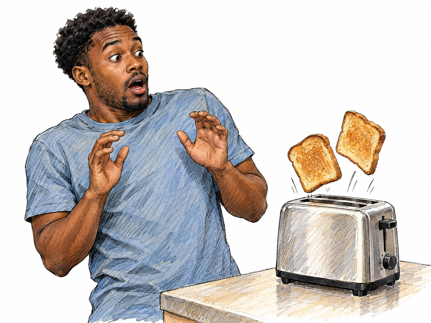 A man recoils in startled surprise as two slices of toast spring unexpectedly high from a toaster, his mouth open in a spontaneous exclamation.