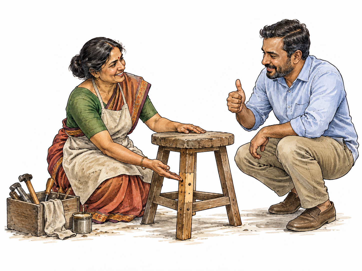 A reliable South Asian craftswoman demonstrates a sturdy repair to a satisfied customer, evidence supporting trust.