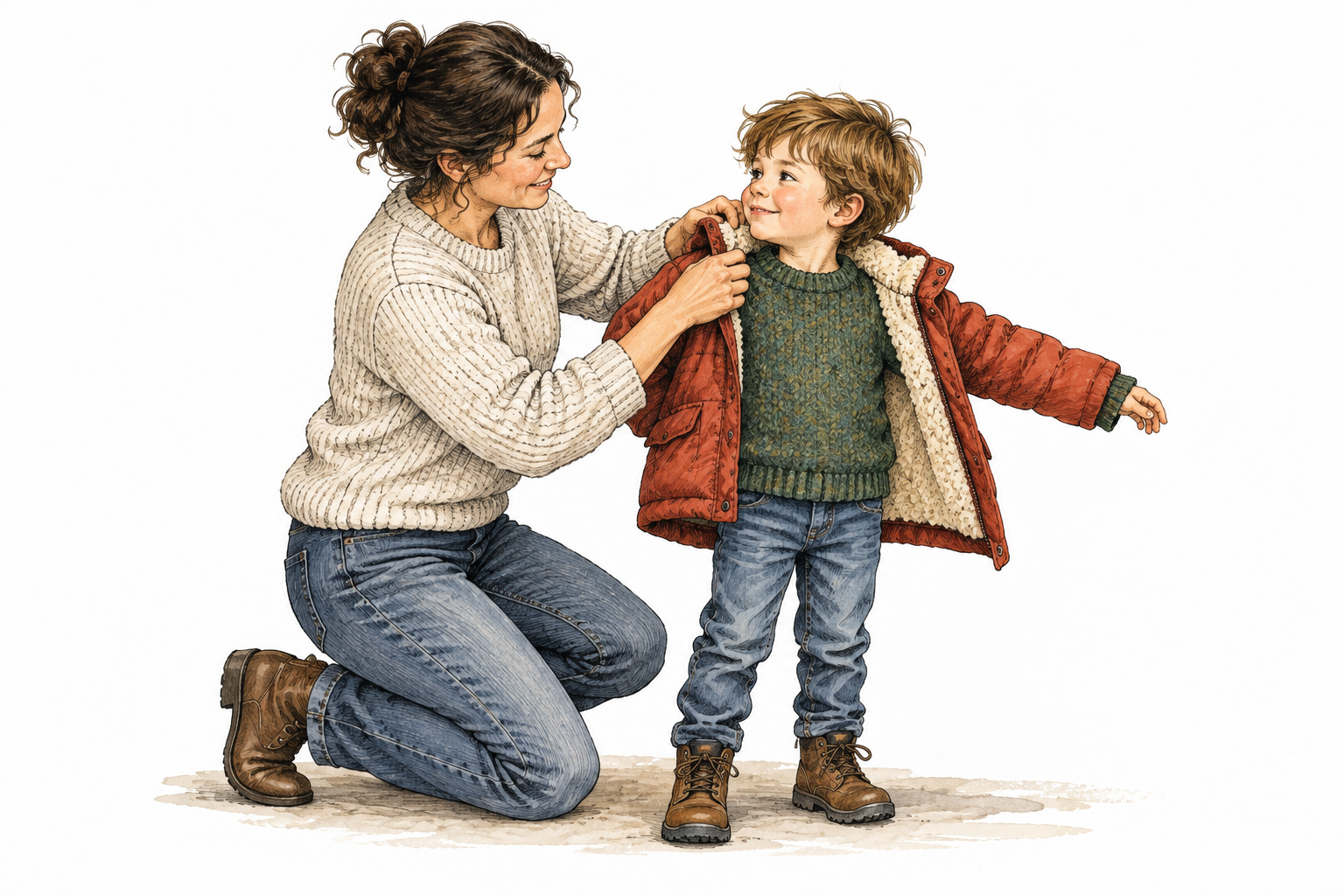 A parent gently helps a child put on a warm coat, clear action dressing another.