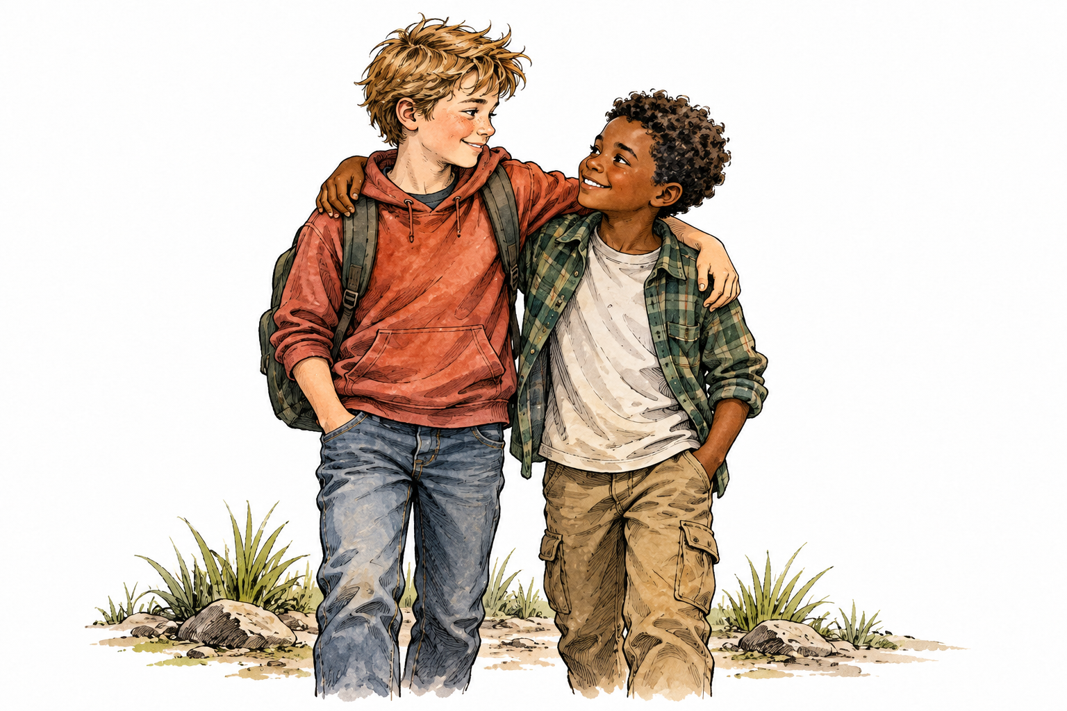 Two brothers warmly clasp shoulders and support one another.