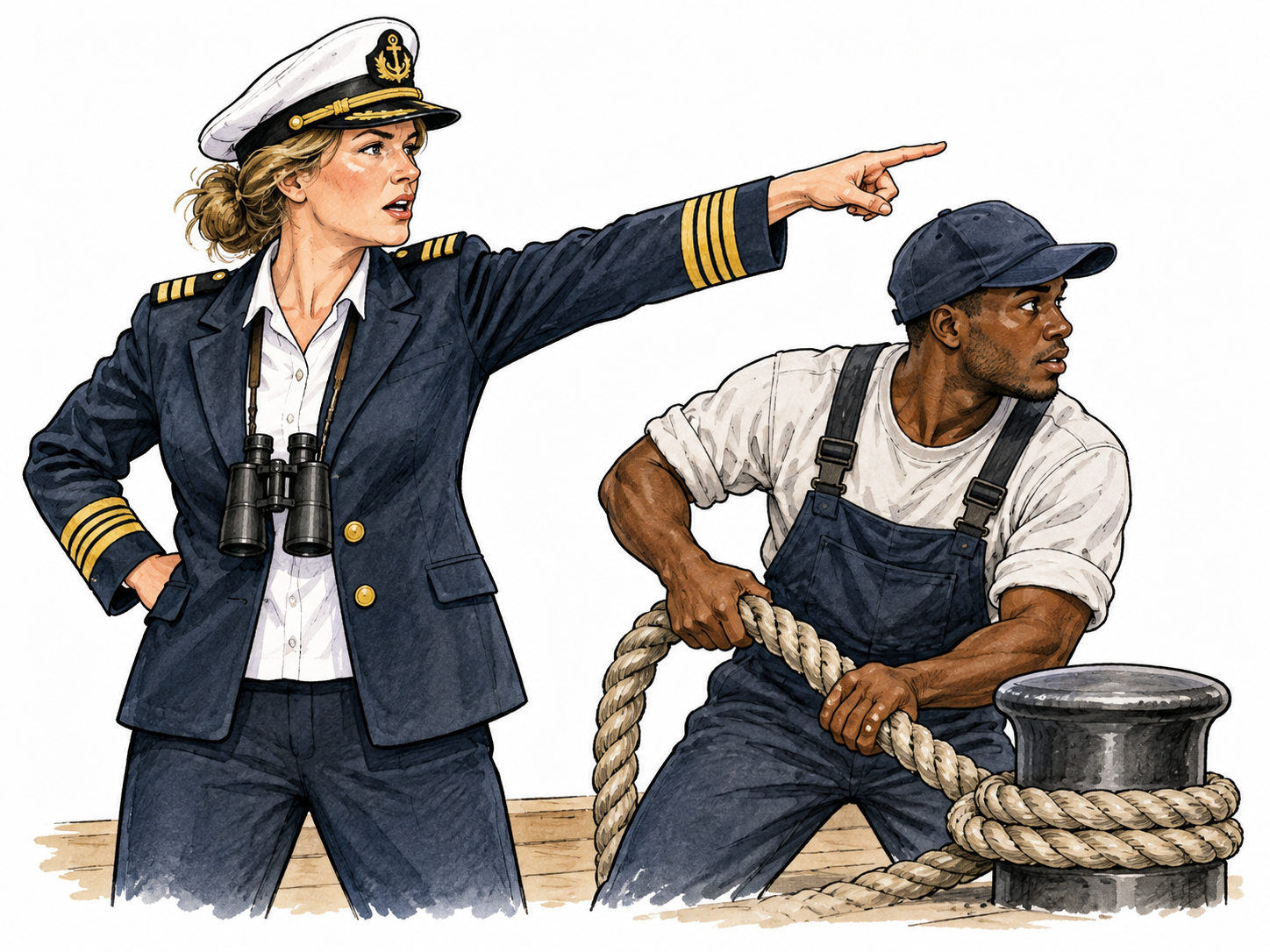 Adult captain points decisively toward a task while crew member begins moving rope, clear authoritative order, no text.