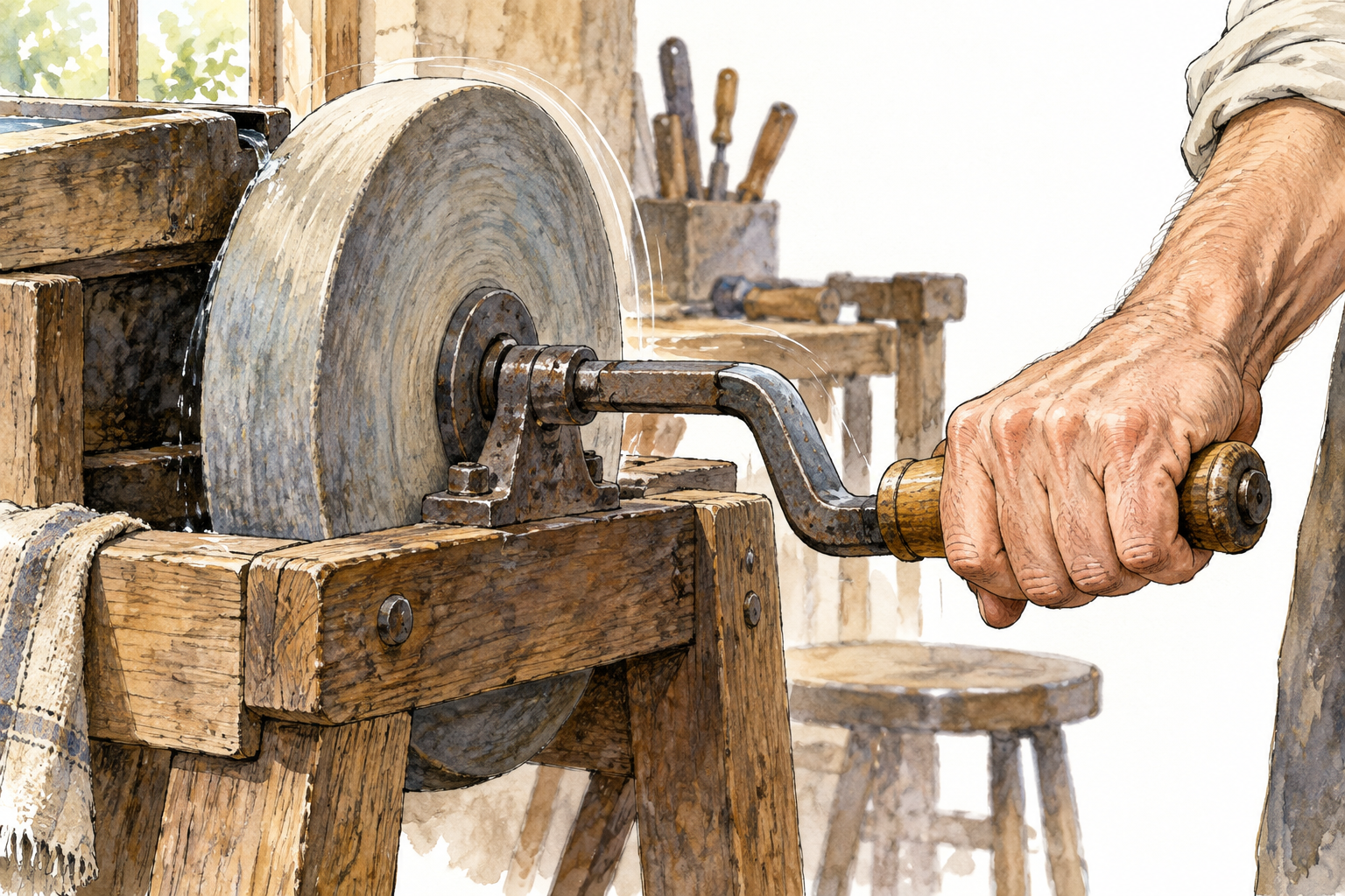 Close view of an adult hand turning a clearly bent metal crank handle attached to a traditional hand-operated bench grinding wheel.