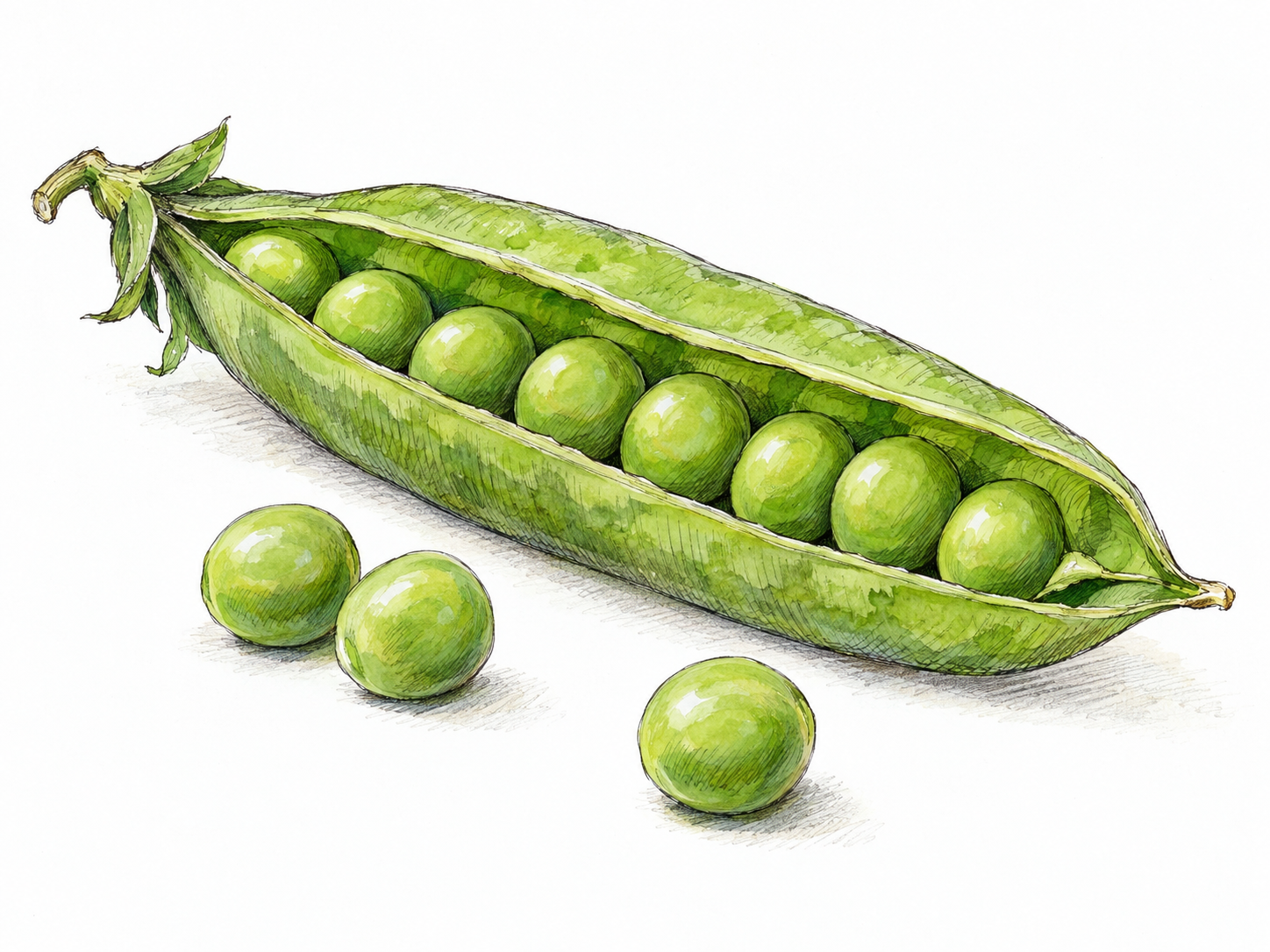 A close-up of an opened fresh pea pod with round green peas nestled inside and a few loose peas in front, emphasizing one clearly separated edible seed.