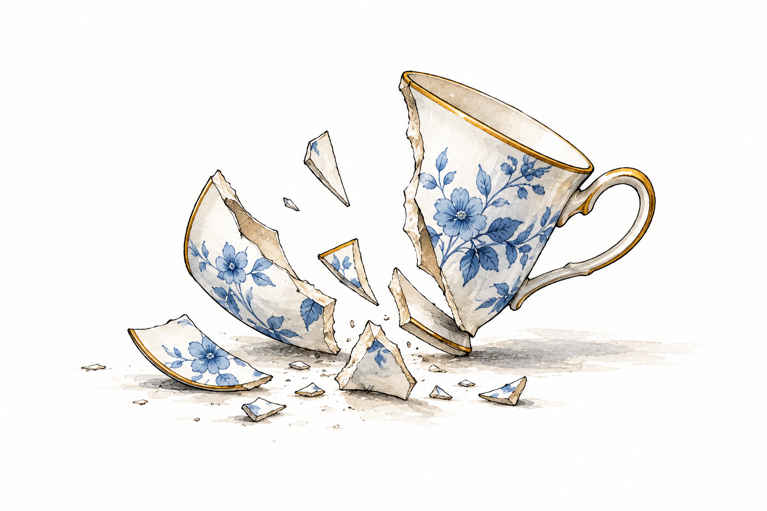 A delicate thin ceramic cup breaks into several pieces after a light accidental knock, object only.