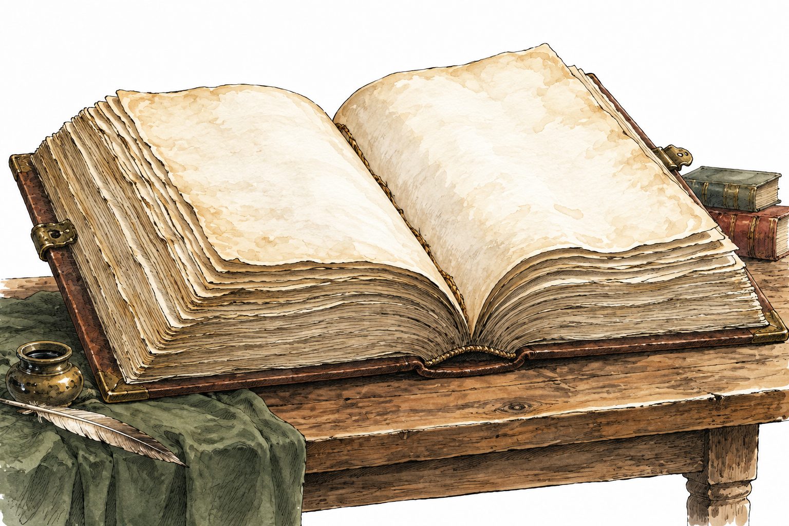 Very large many-paged bound manuscript spread across table, thick stack of leaves and generous bulk, no legible writing.