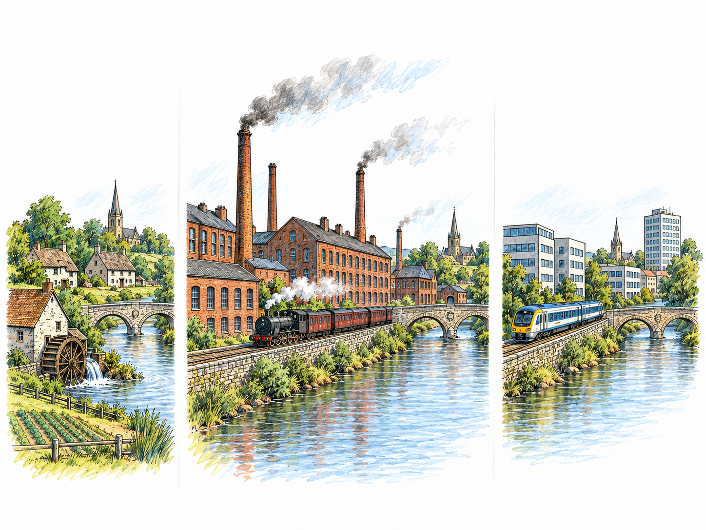 Three clearly separated views of the same riverside town across history, with the central steam-industrial period emphasized as a distinct interval between an earlier agrarian settlement and a later modern city.