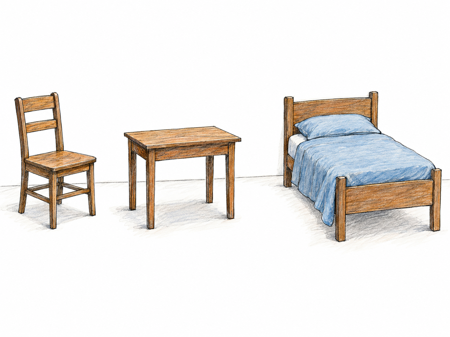 A simple, lightly indicated room containing three clearly separate movable furnishings: a wooden chair, a small table, and a single bed.