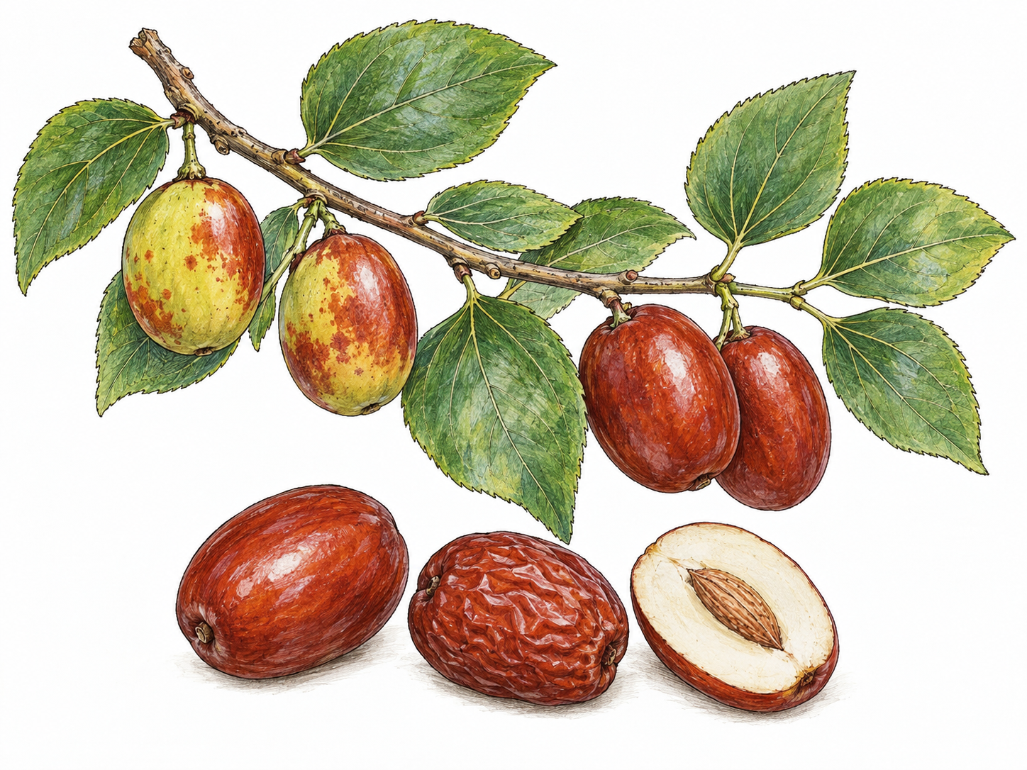 A close botanical view of jujube fruit on a leafy twig, paired with ripe fruit and a cut half revealing pale flesh and a single elongated stone.