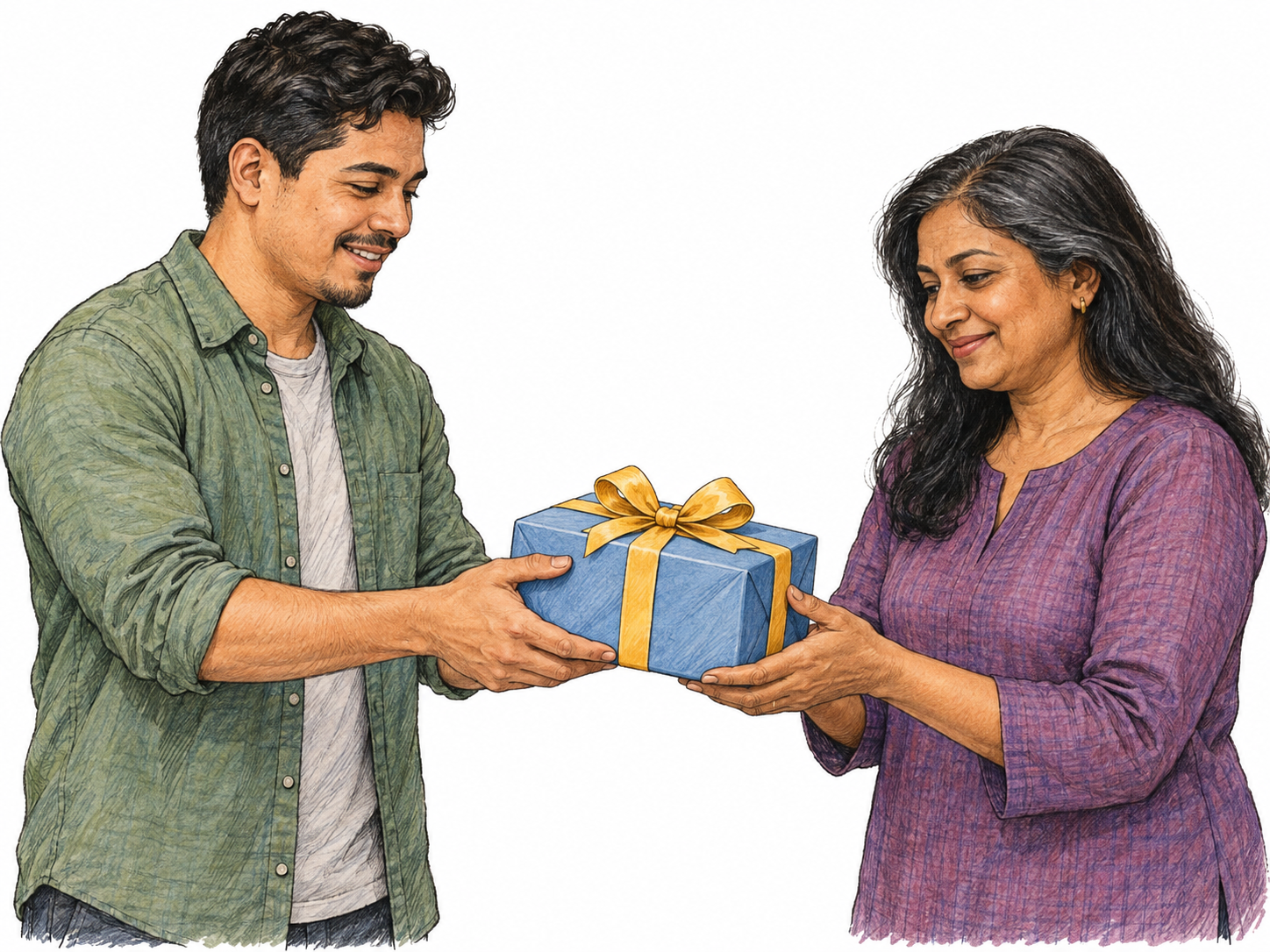 A young adult man hands a ribbon-wrapped present to a middle-aged woman, who is visibly taking it with both hands.