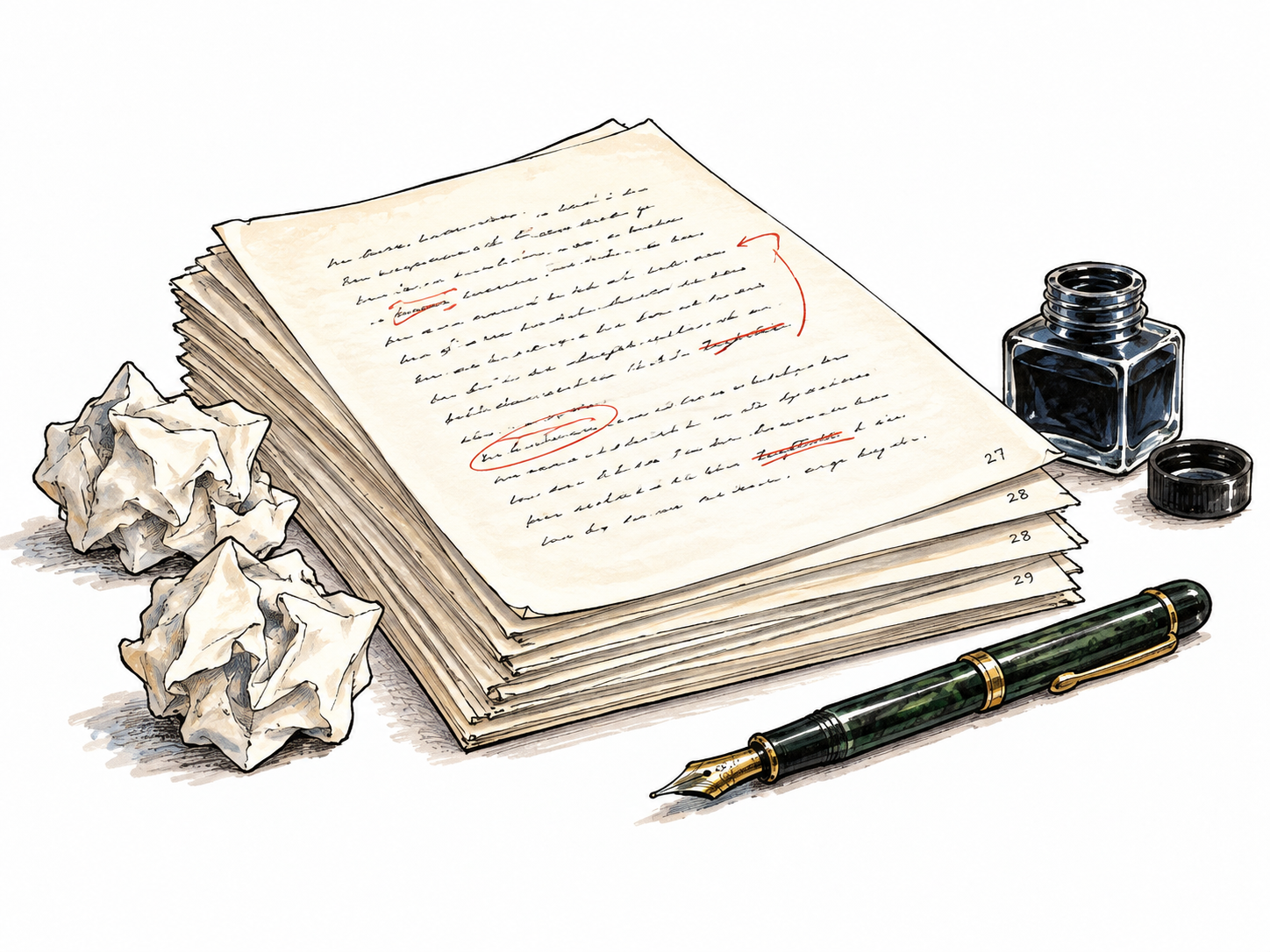 A writer's manuscript is a stack of numbered-looking but unlettered pages with a few essential handwritten lines too small to read, fountain pen and visible revision marks; no headings, keep writing confined to manuscript itself.
