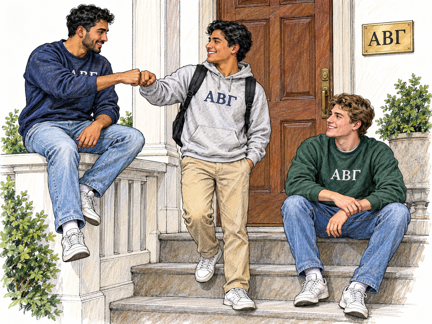 Three college-aged men socialize on the front steps of a fraternity house, with matching Greek-letter emblems on their sweatshirts and the house plaque identifying an organized collegiate group rather than unrelated friends.
