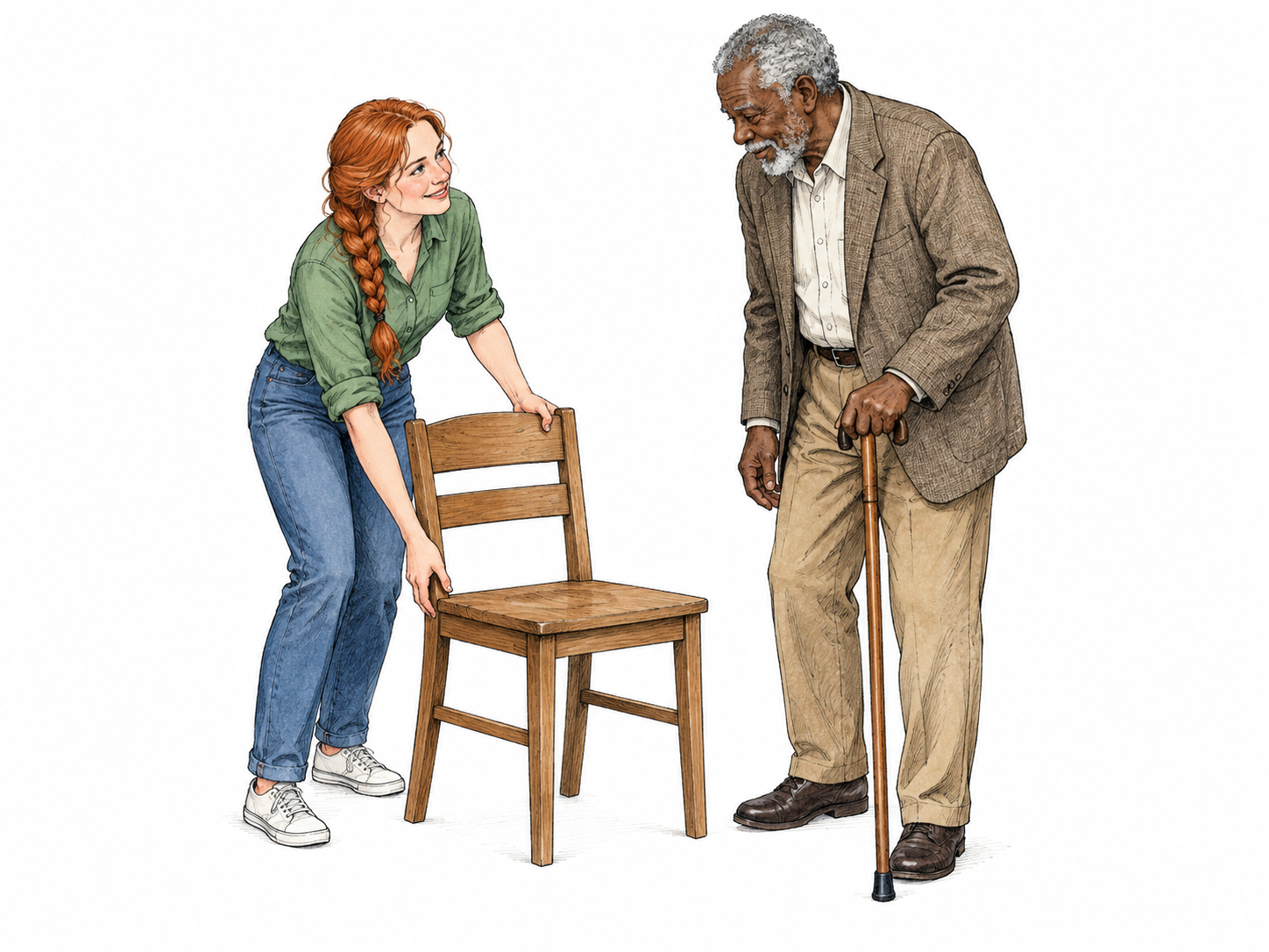 Woman pulls out chair and offers it to tired older man carrying cane, attentive kind expression and respectful posture; minimal chair on white.