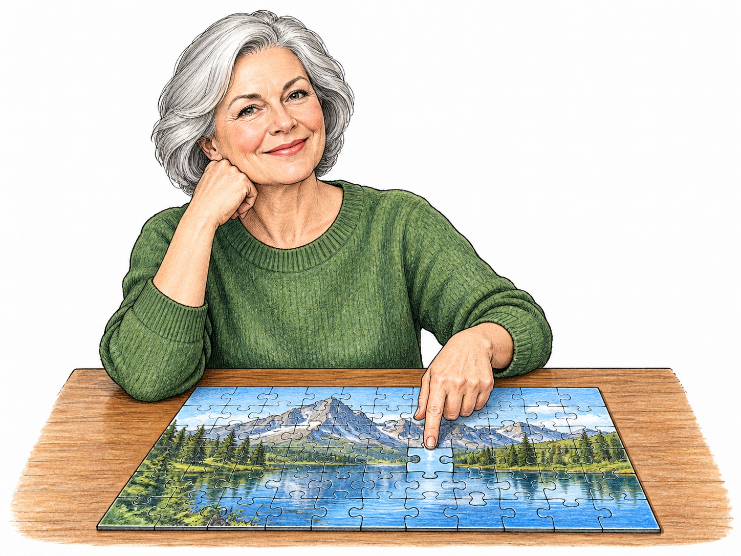 Woman confidently points to correct completed jigsaw piece firmly fitted into its unmistakably matching opening; calm assured expression, complete fit makes evidence unambiguous.