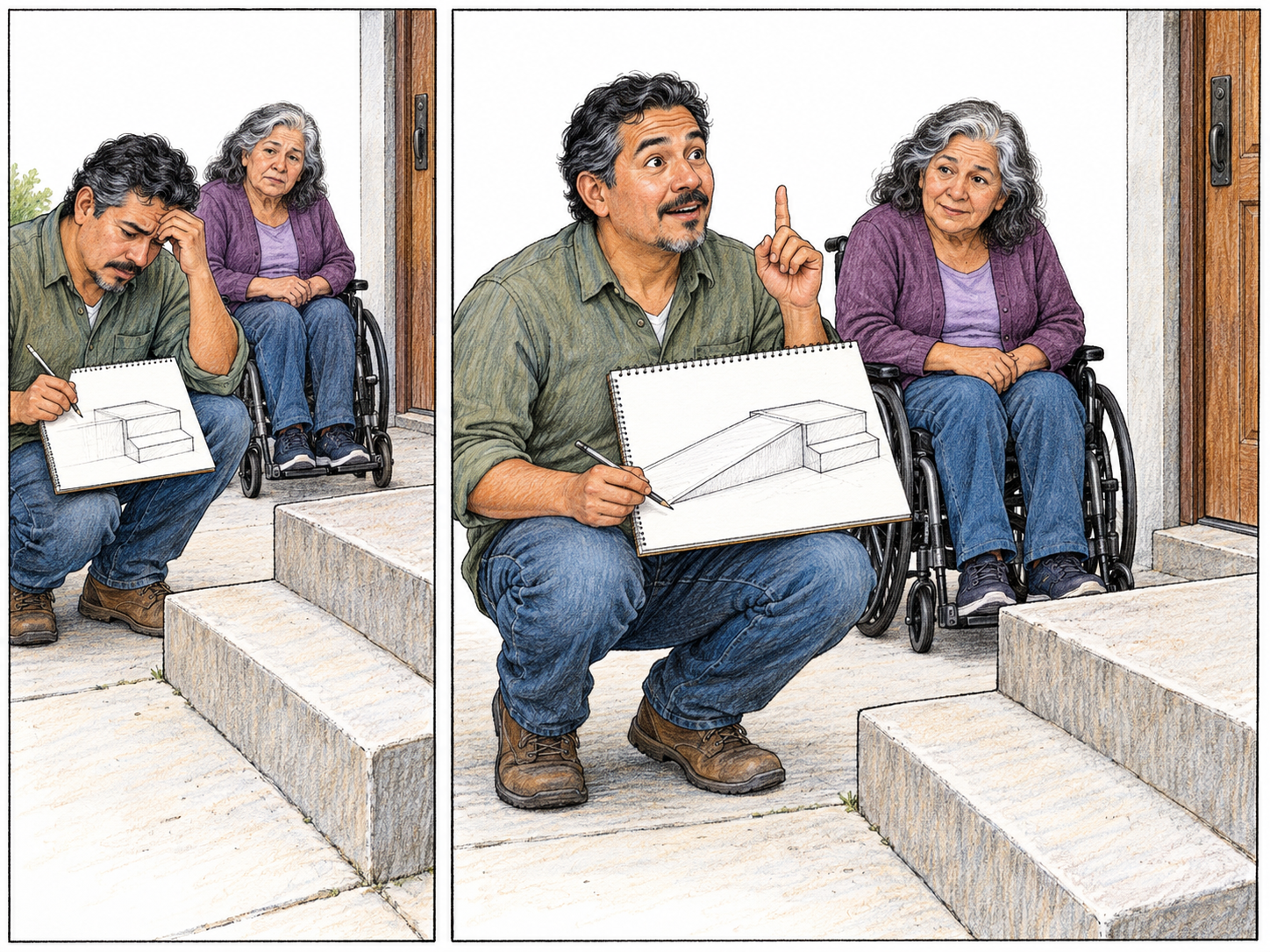 A text-free two-panel sequence shows a sudden, consequential accessibility insight.
