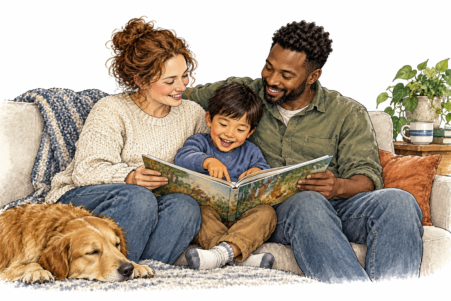 Adoptive parents and child share a warm everyday reading moment; adoption relationship is supplied by accompanying definition, not inferred from appearance.