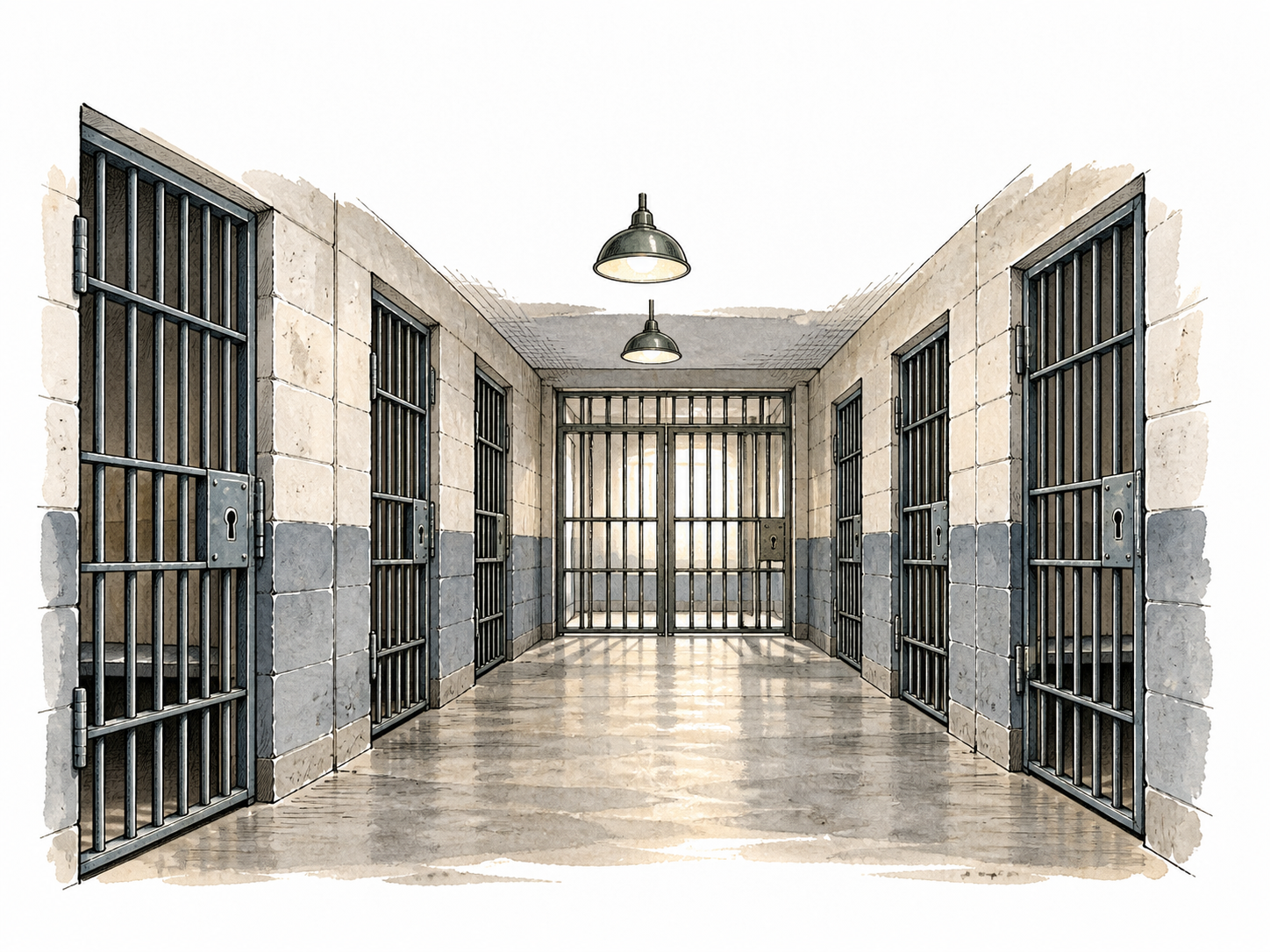 A plain secure jail corridor with barred cell doors, no inmates shown.