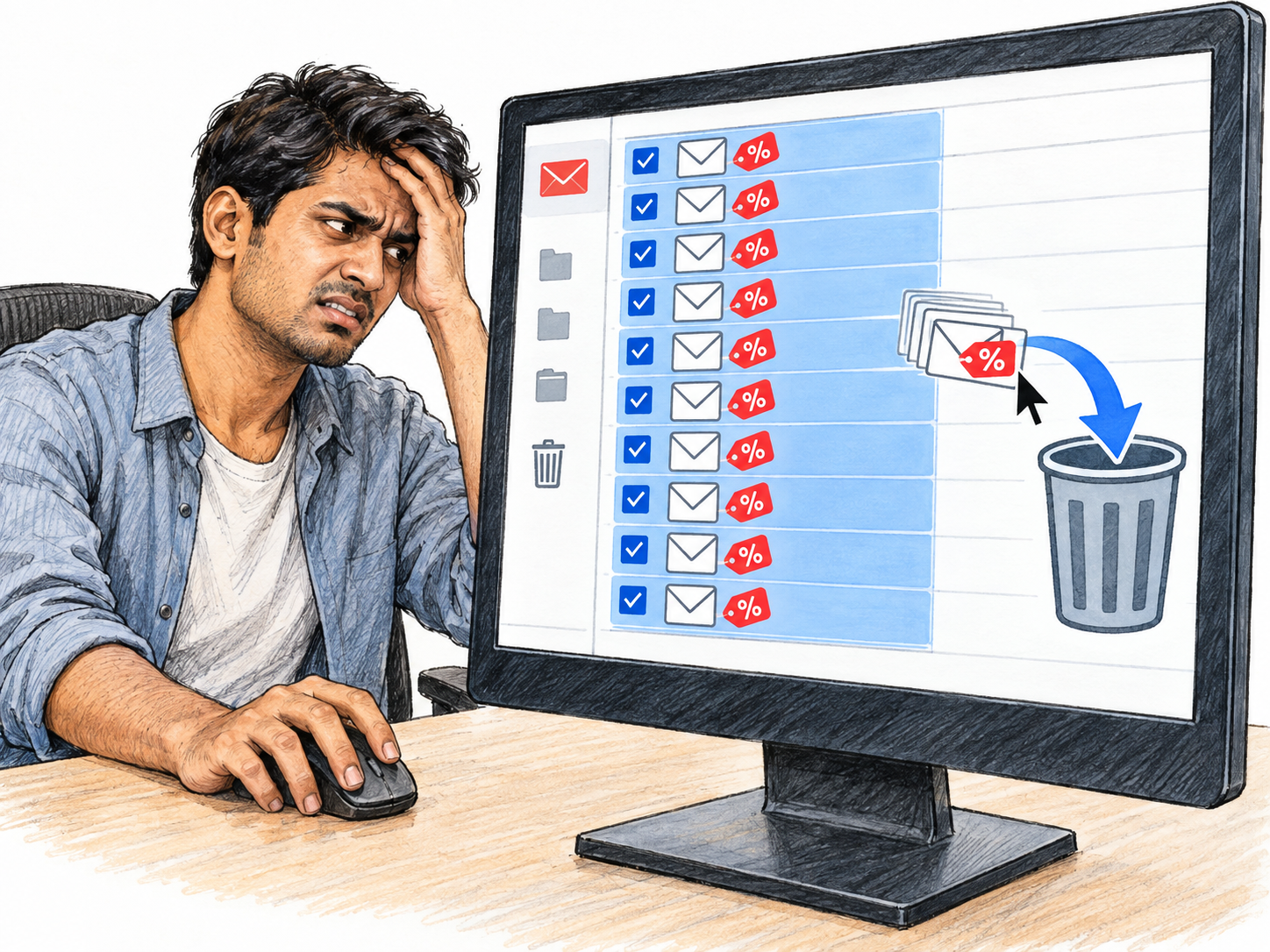A frustrated computer user selects a dense block of identical promotional emails and moves them into the trash; repeated envelope rows and matching sale-tag icons show bulk electronic advertising without written messages.