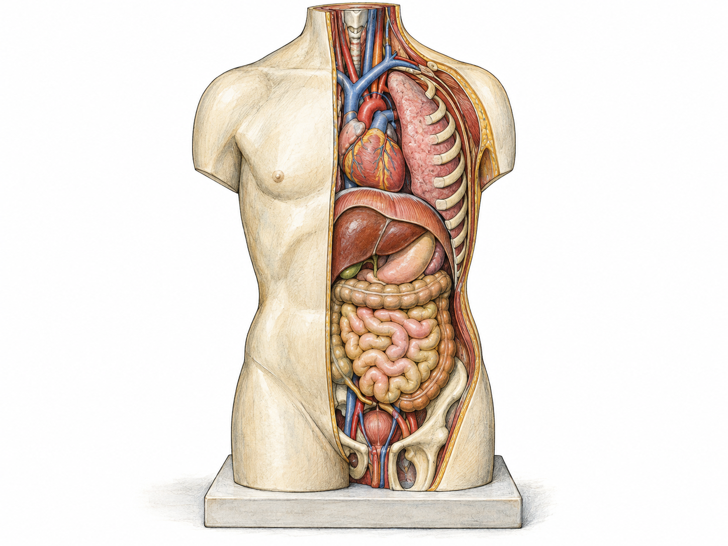 An unlabelled anatomical torso model with one side opened to reveal the rib cage and internal organs, showing how the body's structures fit together.