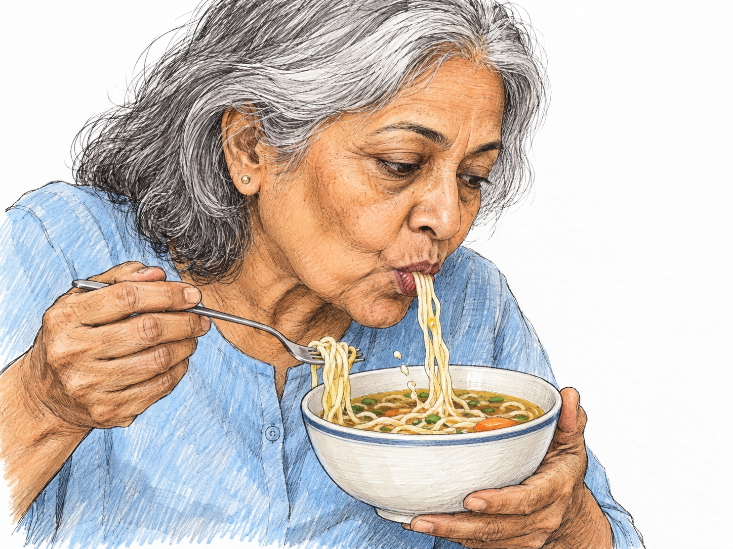 An older woman sucks a dangling noodle into tightly pursed lips, with a small splash at the broth surface and noodles visibly drawn taut between her mouth and bowl.