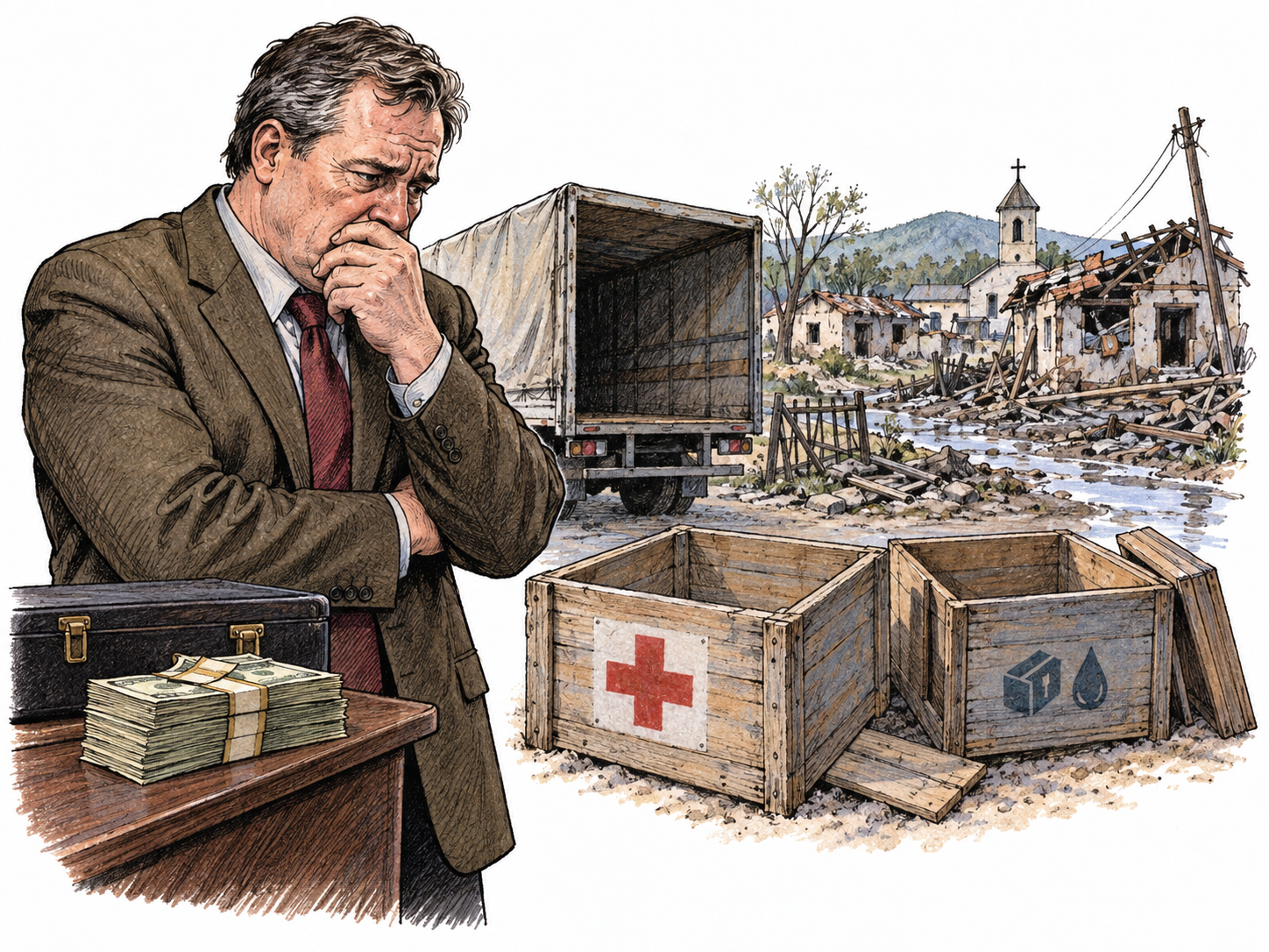 A fictional corrupt official sees the grave consequences of deliberately diverting emergency supplies, represented by emptied relief crates and a small damaged community scene; moral seriousness, no gore or mere oversized-object metaphor.