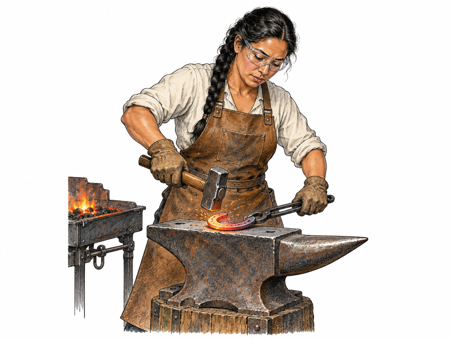 Smith holds hot iron horseshoe with tongs on anvil and strikes with hammer, clear metal making/repair; restrained ember color, small functional hearth edge, white ground.