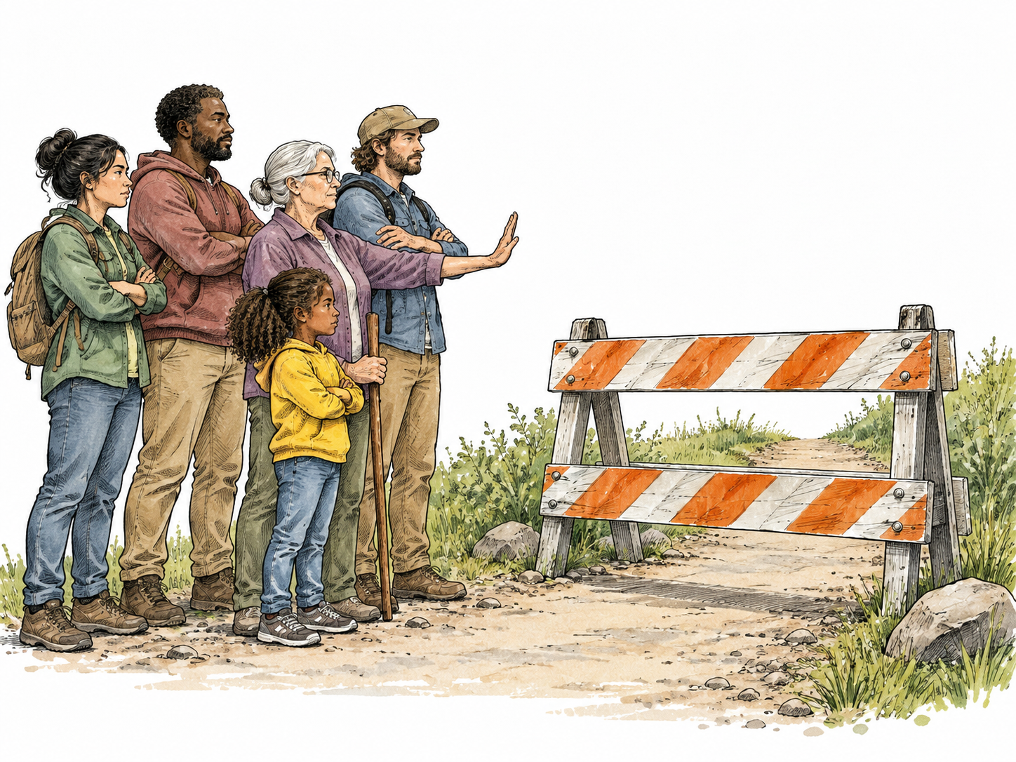 A diverse civic group calmly stands together against a proposed barrier across a public walkway, no slogans.